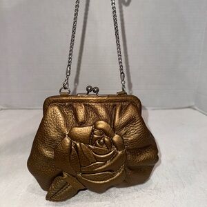 Vintage Brighton Metallic Gold Leather Kisslock Rose Clutch & Crossbody Purse